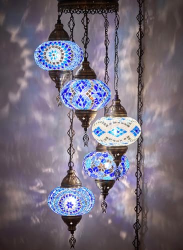 DEMMEX - 5-Large 7'' Globes Turkish Moroccan Mosaic Plug-in Chandelier - Colorful Bohemian Pendant Light with 15-ft Cord&Chain, Exotic Swag Ceiling Lamp for Living Room, Bedroom, 4ft Drop, Blue - color: Blue