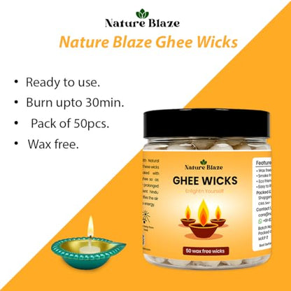 Pure Cow Ghee Lamp (Pack of 50 Pcs) Readymade Ghee Cotton Wicks | Arti Diya for Pooja | Ghee Wicks Batti | Easy Ghee Diya Wicks | Ghee Candles Cow Ghee Wicks | Ghee Jyoti Batti - size: Pack of 50