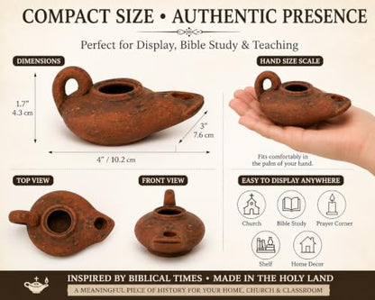 Biblical Oil Lamp Set, Handmade Holy Land Clay Lamp with Plate & 2 Wicks - color: Antique / Black