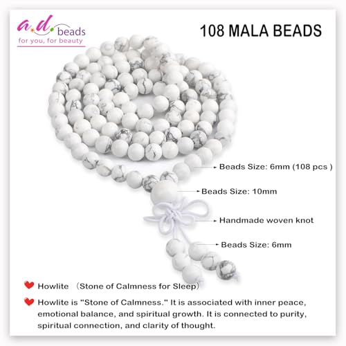 AD Beads 6mm 8mm 108 Prayer Mala Jasper Elastic Bracelet - Handmade Yoga Meditation Healing Power Energy Gifts for Unisex Adult. - color: Howlite(Calmness)