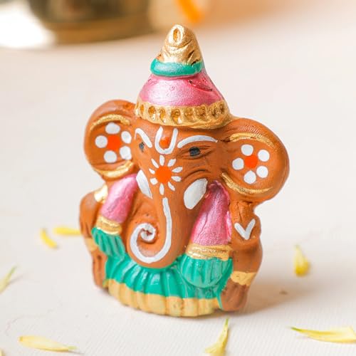 Desi Favors Terracotta Ganesha Murti | Hindu Lord Ganesha Idol Statue | Diwali Gifts Small Ganesh for Car Dashboard Decor | Indian God Figurine Home Mandir Pooja Wedding Gift - 3x2.5 Inch (Pack of 1) - style: Terracotta Ganesha Murti