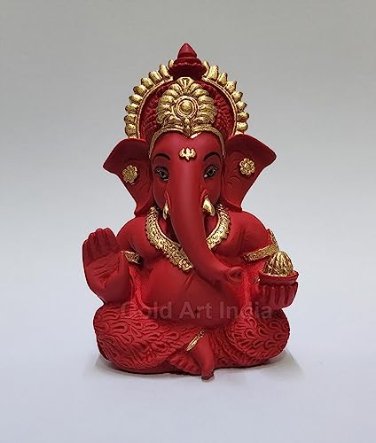 Gold Art India Mukut Ganesha Idol for Car Dashboard Maroon Red and Gold Small Ganesha Murti Ganpati Idol for Home Decor Puja Lord Ganesh Statue Gift for Office Desk Puja Room Figurine