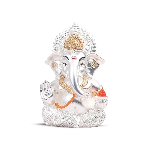 Meezo Hindu Lord Ganesha Idol Statue 999 Silver Plated - 3.7-Inch Small Ganesh l Indian God Home Mandir Murti, Pooja, Office Desk Car Decor | Diwali, Wedding & Return Gifts - size: 3.7"(INCH)