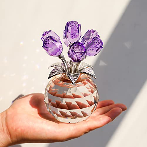 Movdyka Purple Crystal Rose Glass Flowers with Vase Figurine Home Decor - color: Purple-crystal Rose