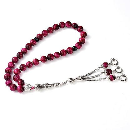 TAS B Tasbih Prayer Beads 33 Pink Tiger Eye Stone (33 Beads - 10 mm) - Masbaha Muslim Rosary - Zikr, Dhikr Subha - Chapelet - Tasbeeh - Islamic Gifts for Women - Handmade Sibha - Eid Gifts