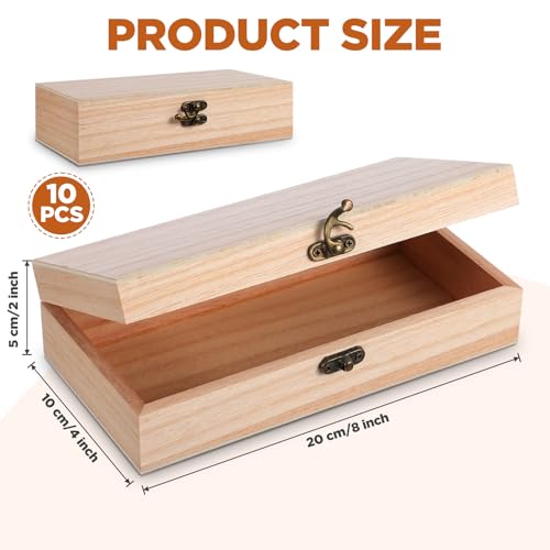 10 Pack Wooden Box with Hinged Lid, Unfinished Wood Box for Crafts, Large Unpainted Wooden Boxes for DIY Art Gifts Storage Jewelry, 8x4x2 Inch