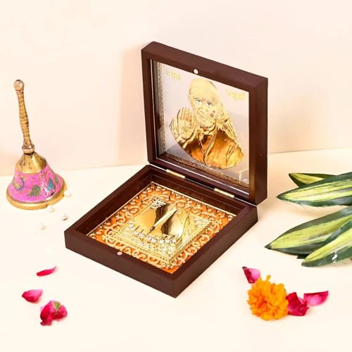 LOVENSPIRE Gold Plated Hindu Idol with Charan Paduka – Spiritual Photo Frame for Home Temple, Office Decor | Indian Return Gift for Housewarming, Diwali Pooja & Weddings Sai Baba - color: Sai Baba