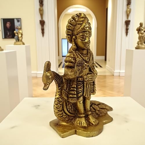 3.5 Inch Brass Lord Kartikeya Idol with Peacock – Standing Hindu God Statue for Home Temple, Pooja, Altar, Shelf, Decorative Figurine, Spiritual Gift for Devotees