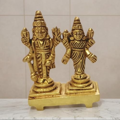 Brass Laxmi Vishnu Murti 2 Inch 100 Gram Mini Idol for Home Temple, Pooja Mandir, Hindu God Statue, Decorative Religious Figurine, Car Dashboard Idol, Spiritual Gift