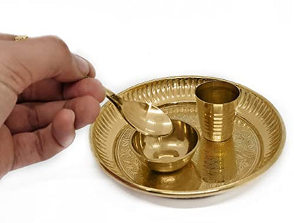 Satvik Brass 4 Pc Bhog Thali Set for Laddu Gopal With Glass, Bowl and Pooja Spoon - Home and Temple Kanha Ji Plate Set (Medium) - size: Medium