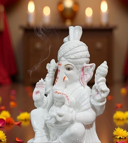 11 Inch White Marble Dust Lord Ganesha Vinayaka Vignesha Idol with Peta Home Decor Statue Figurine Murti Showpiece K4774 - size: Model 1 - 11 Inch