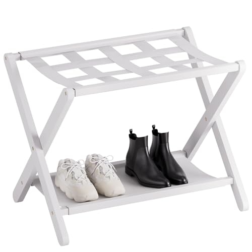 HITNET White Luggage Rack, Folding Suitcase Stand, Bamboo Luggage Holder with Storage for Guest Room Bedroom Hotel - color: White