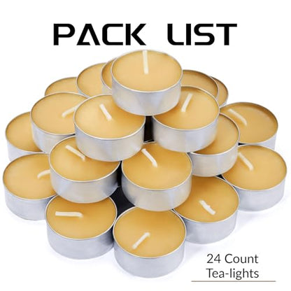 Natural Beeswax Tealight Candles in Metal Aluminum Cup, Yellow, Pack of 24