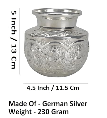 Traditional Indian Kalash (Chambu) – 5 Inch German Silver Ashtalakshmi Pooja Pot for Hindu Prayer, Home Temple & Festive Rituals K2559