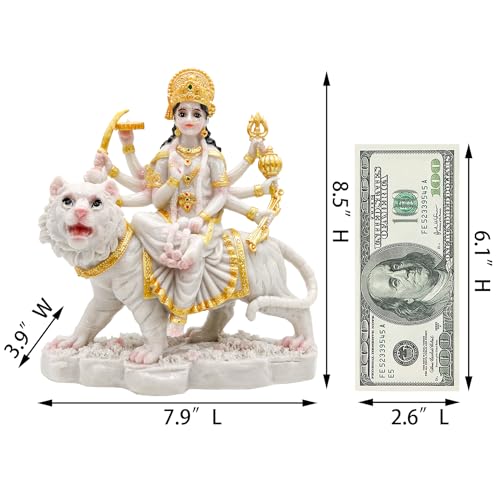 alikiki Durga MATA Idol Statue– 8.5” Marble Color Hindu Goddess Durga on Tiger Sculpture India Diwali Gifts Home Office Temple Mandir Altar Pooja Murti Item Deepavali Gifts for Indian