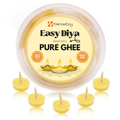 NAMASTEY Pure Cow Ghee Wicks – Pack of 30 Pure Ghee Wicks for Puja | Ready-to-Use Diya Batti | Wax-Free Cotton Wicks | 30-Min Burn Time | Ideal for Pooja, Diwali, and Housewarming Gifts