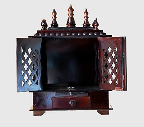 Wooden Temple for Home with Drawer & Storage | Premium Sheesham Finish Home Pooja Mandir | Handcrafted Wooden Mandapam Cabinet for Wall Hanging & Tabletop Setup