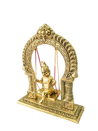 Kunal Art & Crafts Krishna Sitting jhula Ladoo Gopal Swing jhula Laddu Gopal Jhoola Janmashtami jhula Murti Sculpture for Temple Pooja Puja Office Religious Showpiece Gift Item Height -9 inch