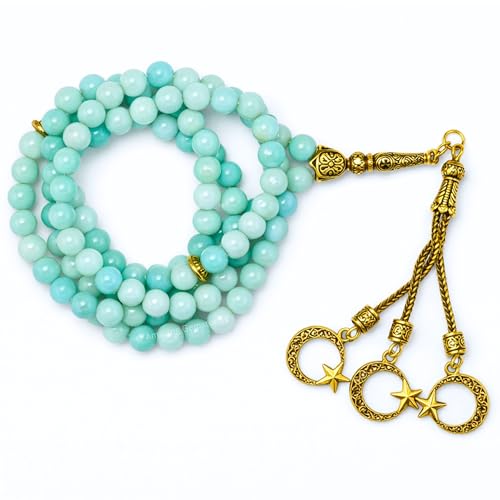 Amazing Gemstone Crystal Tasbeeh with Moon and Star Charm - Certified Crystal Muslim Prayer Beads Natural Gemstone Tasbih Gift for Ramadan Dhikr and Daily Namaz (G) - color: Amazonite