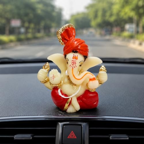 Gold Art India Polyresin Lord Ganesha Idol for Car Dashboard, Home, Office Ganpati Statue for Mandir Decor Handcrafted Ganesh Murti (2 x 2.5 inch, Red & Orange) - color: Ivory-pagadi-red-orange