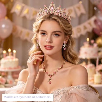 Kamirola Tiaras and Crowns for Women,Tiaras Earrings Necklace, Crystal Bridal Jewelry Set, Costume Party Halloween Prom Pageant Jewelry for Women(TR45) - color: Gold Pink