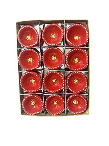 Diwali Clay Diya with Cotton Wicks for Puja Pooja Clay Dias for Diwali Tea Light Holder Indian Decor Deepawali Deepak Oil Lamps Decor Puja Items Red Dia- 2 inch Pack of 12