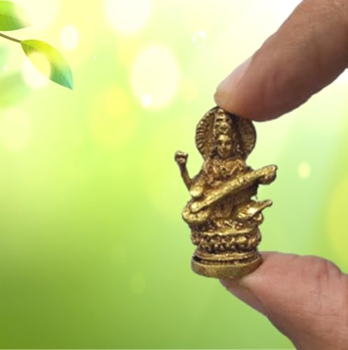 Purpledip Rare Miniature Brass Idol Saraswati (Saraswathi), Hindu Goddess of Knowledge, Music & Arts: Unique Collectible Gold Finish Statue (11902)