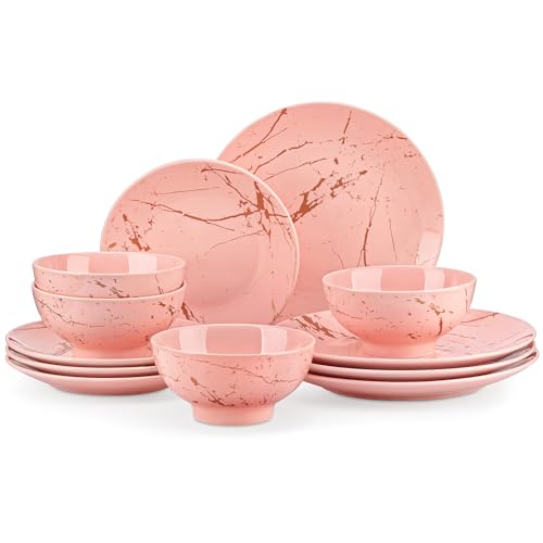 LOVECASA Pink Dinnerware Sets for 4, 12 Piece Porcelain Plates and Bowls Sets, Gold Splash Dish Set, Modern Ceramic Dinner Set, Dishwasher Microwave Safe - color: Pink_Gold, size: 12 Piece (Service for 4)