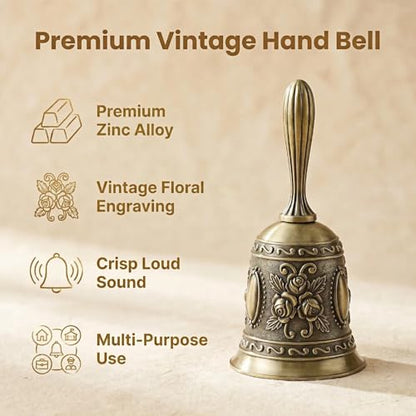 Vintage Hand Bell, Bronze Metal with 3D Rose Embossed Design, Ergonomic Handle, Loud Clear Tone, for Dinner, Wedding, Classroom, Meditation, 4.53 Inch