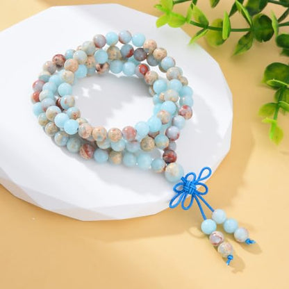 108 Mala Beads Stretch Bracelet 6mm Natural Gemstone Prayer Beaded Necklace - color: Blue Imperial Jasper
