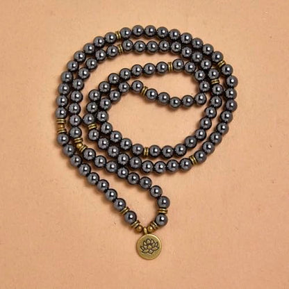 108 Natural Stone Mala Beads Yoga Bracelet with Lotus Charm - style: Hematite