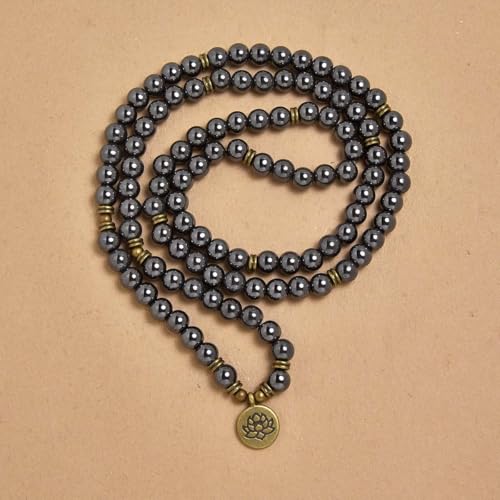 108 Natural Stone Mala Beads Yoga Bracelet with Lotus Charm - style: Hematite