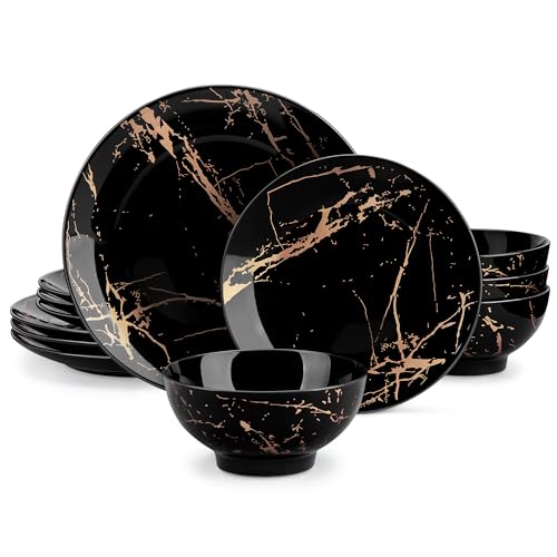 LOVECASA Plates and Bowls Sets for 4, 12 Pieces Porcelain Dinnerware Sets, Black and Gold Dish Set Gold Splash Dishware Sets, Dishwasher Microwave Safe - color: Black_Gold, size: 12 Piece (Service for 4)