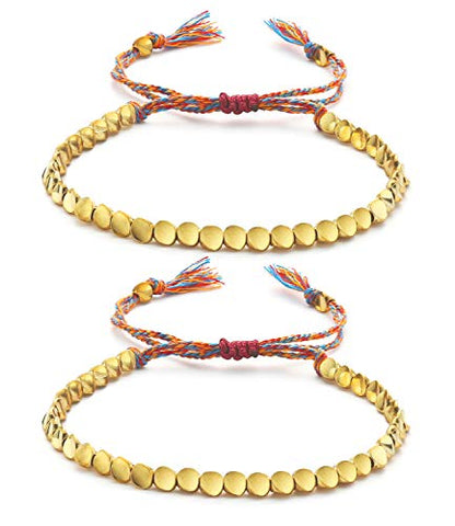 2 Pcs Tibetan Copper Bead Bracelet Set Handmade Braided Cotton Bracelet Lucky Rope Bracelet Adjustable Friendship Bracelet Gift for Women Men