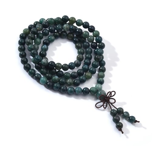 108 Mala Beads Stretch Bracelet 6mm Natural Gemstone Prayer Beaded Necklace - color: Moss Agate