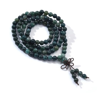 108 Mala Beads Stretch Bracelet 6mm Natural Gemstone Prayer Beaded Necklace - color: Moss Agate