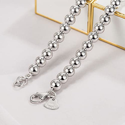 Dankadi Men Solid 925 Sterling Silver Bead Necklace Women 4MM 6MM Round Prayer Beads Link Chain 18 "20" 22 "24" 26 "28" 30" 32" 34" Italy Jewelry Gift - color: 6MM, size: 28 inches