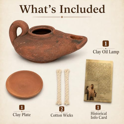 Biblical Oil Lamp Set, Handmade Holy Land Clay Lamp with Plate & 2 Wicks - color: Antique / Black