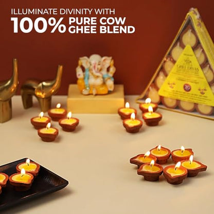 Welburn Veda&Co™ Pure Cow Ghee Diya for Puja - 30 Pieces, 45 Minutes Burn Time, Clarified Butter Filled, Paraffin Free, Clay Diya Lamp, Ready to Use Diya, Yoga & Meditation, Eco Friendly Pooja Diyas