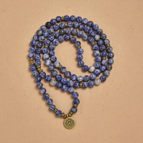 108 Natural Stone Mala Beads Yoga Bracelet with Lotus Charm - style: Sodalite