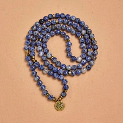 108 Natural Stone Mala Beads Yoga Bracelet with Lotus Charm - style: Sodalite