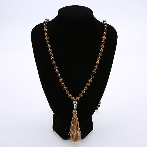 108 Mala Prayer Beads Necklace Natural Stones Meditation Yoga Jewery 108 Hand Knotted Japa Mala Beaded Long Tassel Necklace with Tree of Life Pendant for Men and Women - color: 8mm Tiger Eye