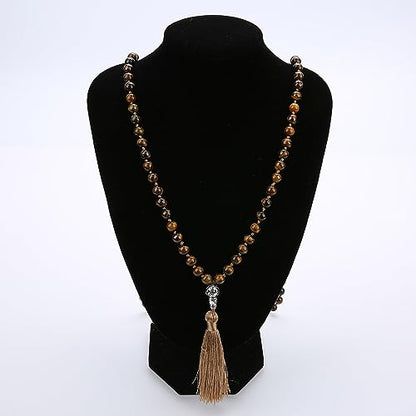 108 Mala Prayer Beads Necklace Natural Stones Meditation Yoga Jewery 108 Hand Knotted Japa Mala Beaded Long Tassel Necklace with Tree of Life Pendant for Men and Women - color: 8mm Tiger Eye