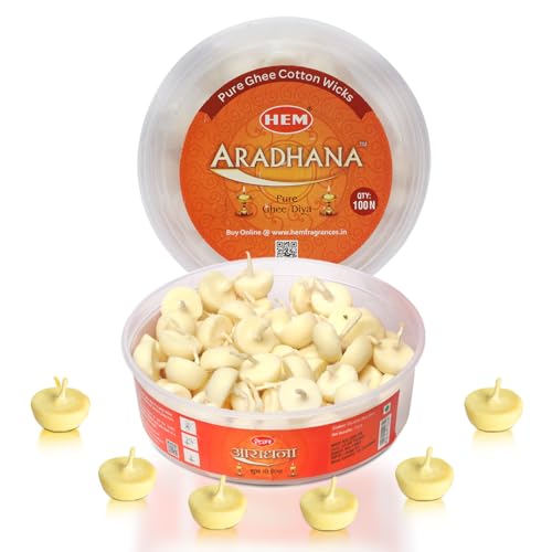 Hem Aradhna Pure Ghee Diya with Batti Pack of 100 Diyas | Pooja Room Items for Home | Wax Free | Ghee Wicks for Prayers, Rituals & Special Occasions | Burning Time: 30 mins