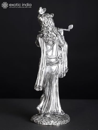 Exotic India Superfine Silver-Plated Lord Krishna Brass Statue | Kanha Ji Playing Flute Idol for Pooja Home Temple Murti Gifts - size: 6 Inch