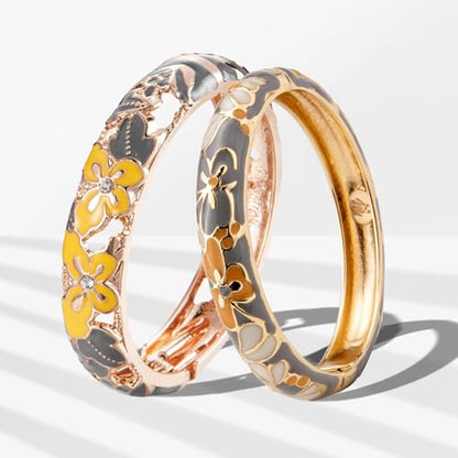 UJOY Fashion Cloisonne Bracelets Plated Butterfly Filigree Enameled Womens Gifts Bangles Spring Hinged 88A09 - color: A09-2 PCS/Set-Grey Yellow
