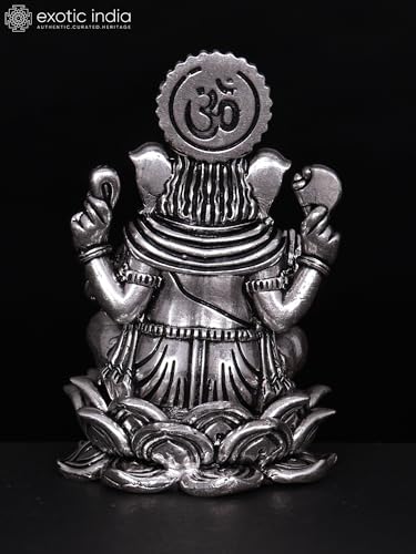 Exotic India Small Superfine Blessing Lord Ganesha Brass Statue | Silver Plated Ganpati Idol Figurine Gift for Home Décor, Office, Table Decorative