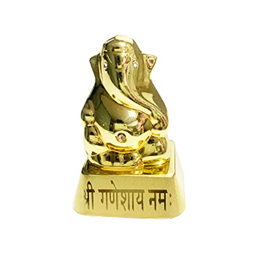 Glossy Finished Golden Color Lord Ganesha Idol Decorative Statue Showpiece for Car Dashboard, Home Temple/Mandir, and Office Desktop Decorative - 2 Inch Height