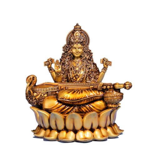 Artarium Veena Vadini Saraswati Statue 4 Inch, Hindu Goddess Saraswati Murti Idol with Veena, Resin Goddess of Wisdom Figurine for Home Temple, Study Desk, Office Decor, Spiritual Gift - color: Saraswati Mata - Antique