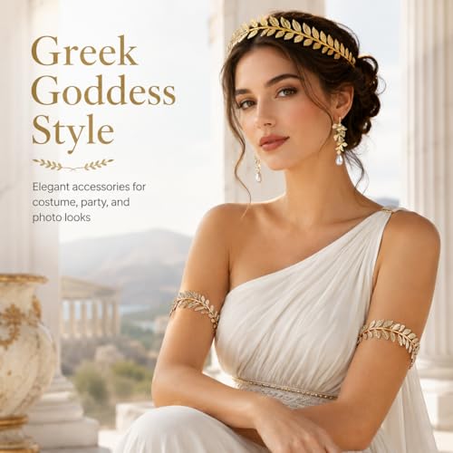 5PCS Greek Goddess Costume Accessories Set Gold Headband Laurel Wreath Headpiece with Armband and Earrings Toga Costume Woman Leaf Crown for Wedding Halloween Roman Toga Party